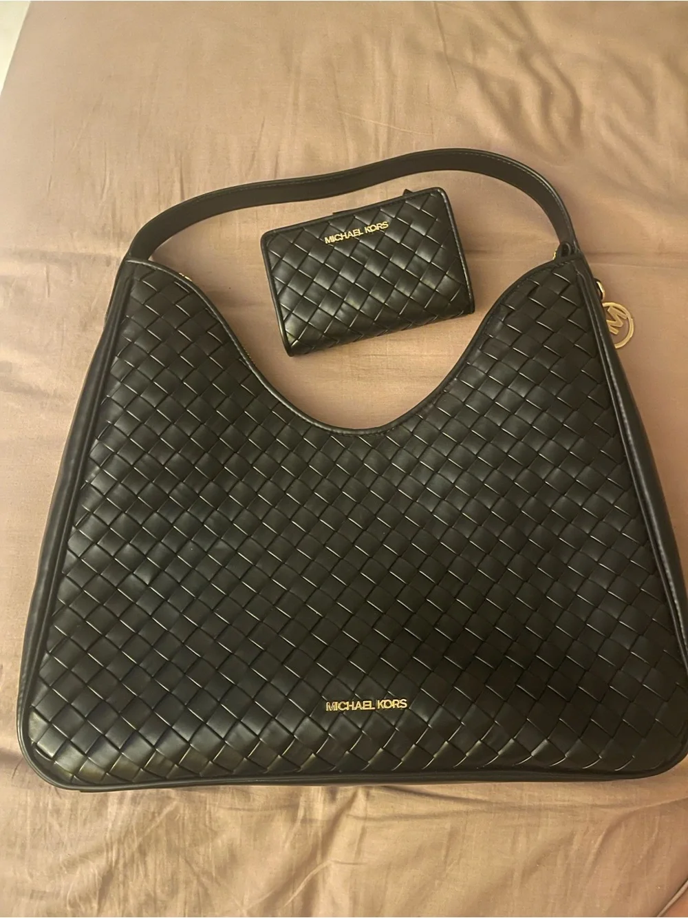 Michael Kors Black Woven Leather Shoulder Hobo with Matching Wallet